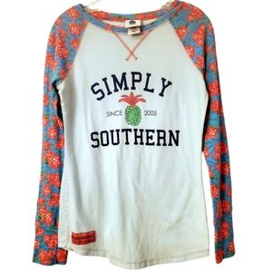Simply Southern Long Sleeve logo blue pink floral T shirt S